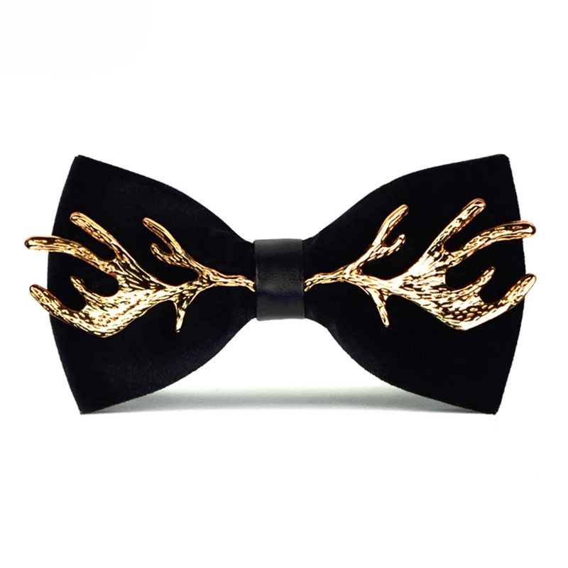 

High Quality 2019 New Velvet Bow Tie with Metal 100% Zinc Alloy Elk Antlers Smooth Butterfly Solid Wedding Papillon Bowtie