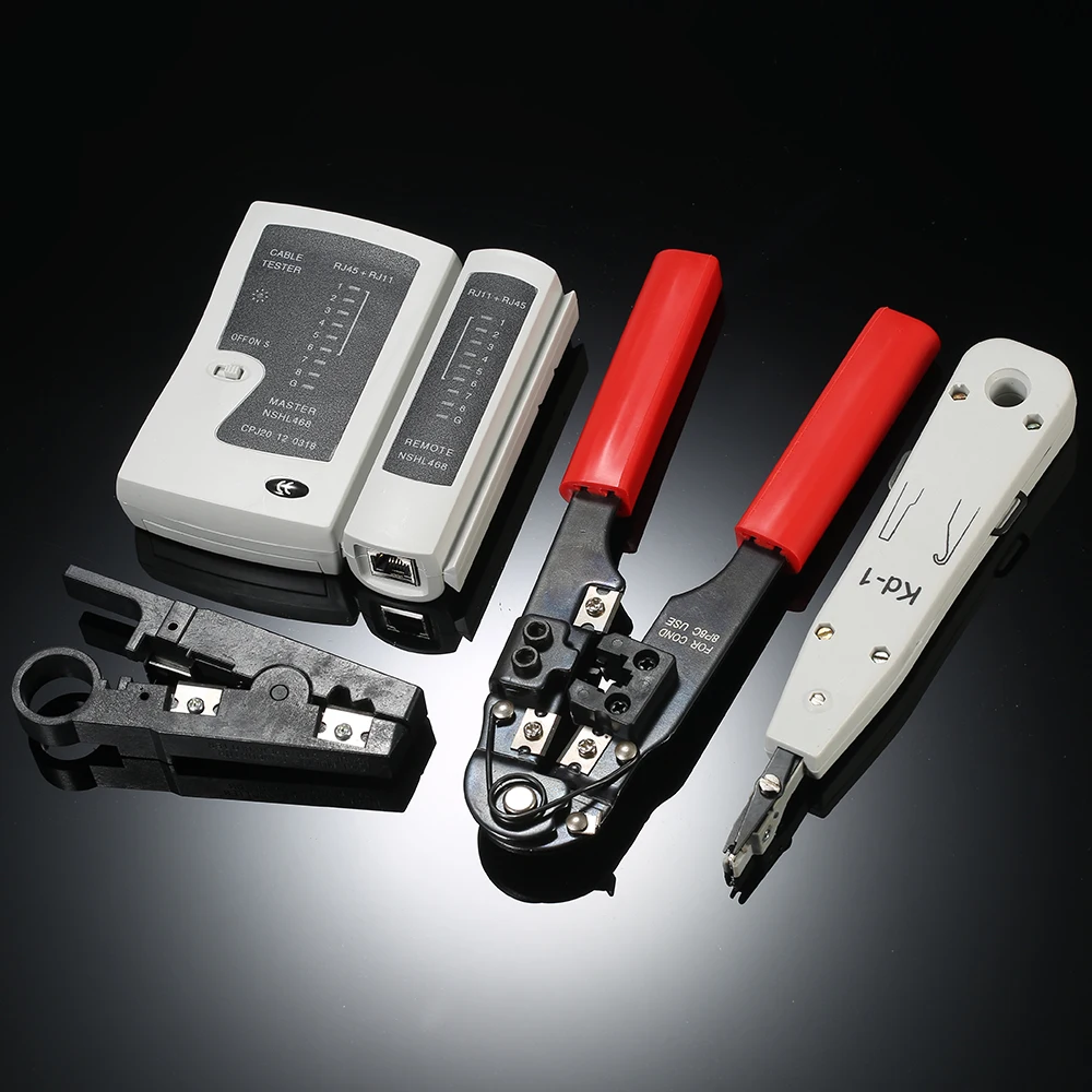 

5pcs/set Network Cable Tester Kit Wire Crimping Pliers & Network Cable Tester & Punch Tool & Stripping Wire Knife +Storage Pouch