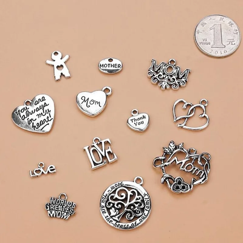 

12pcs/lot Heart Love Alphabet Charm Mixed Silver Pendant DIY Jewelry Accessories Necklace Bracelet Earrings Keychain Brooch