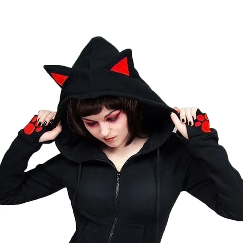 Free shipping  Autumn Hoodie Women Cat Ears Hoodies Female Casual Zipper Hoodies Long Sleeve Black Sweatshirts Thi