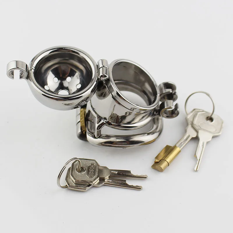 Tanie Stal nierdzewna Chastity Belt mężczyzna urządzenie Chastity nowy podwójny zamek projekt Metal Penis blokada Chastity Cage pierścień zabawki erotyczne dla mężczyzn