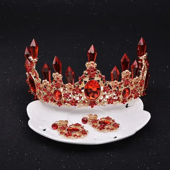 

3Pcs Wedding Large Baroque Chinese Red Princess Bride Rhinestone Crown Luxury Crystal Tiaras Bridal Prom Hair Jewelry Accessory
