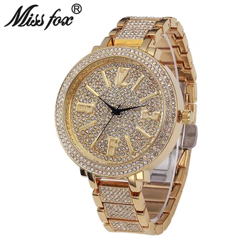 

MissFox Big Face Watches For Women Miss Fox Japanese Quartz Movement Full Diamond Watch Female Large Dial Arabic Numeral Watches