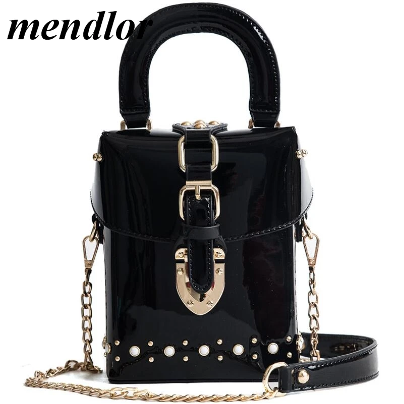 

2018 Retro Fashion New Handbag High quality PU Leather Women bag Shiny Patent Leather Box Rivet Box Tote bag Chain Shoulder bags