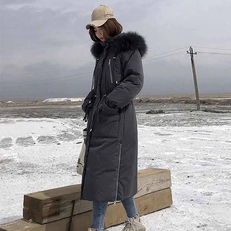Женская длинная куртка с капюшоном модная теплая парка большим меховым