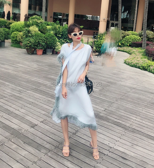 

Luxury 2018 Silk Women Loose Patchwork Blue Dress With Tassel Detail Matching With Necktie - Ladies One Piece Asymmetric Dress