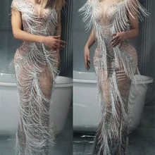 Женское сексуальное платье, стразы, бахрома, одежда для сцены, большое стрейчевое платье, певица, вечернее платье с кисточками, длинное платье