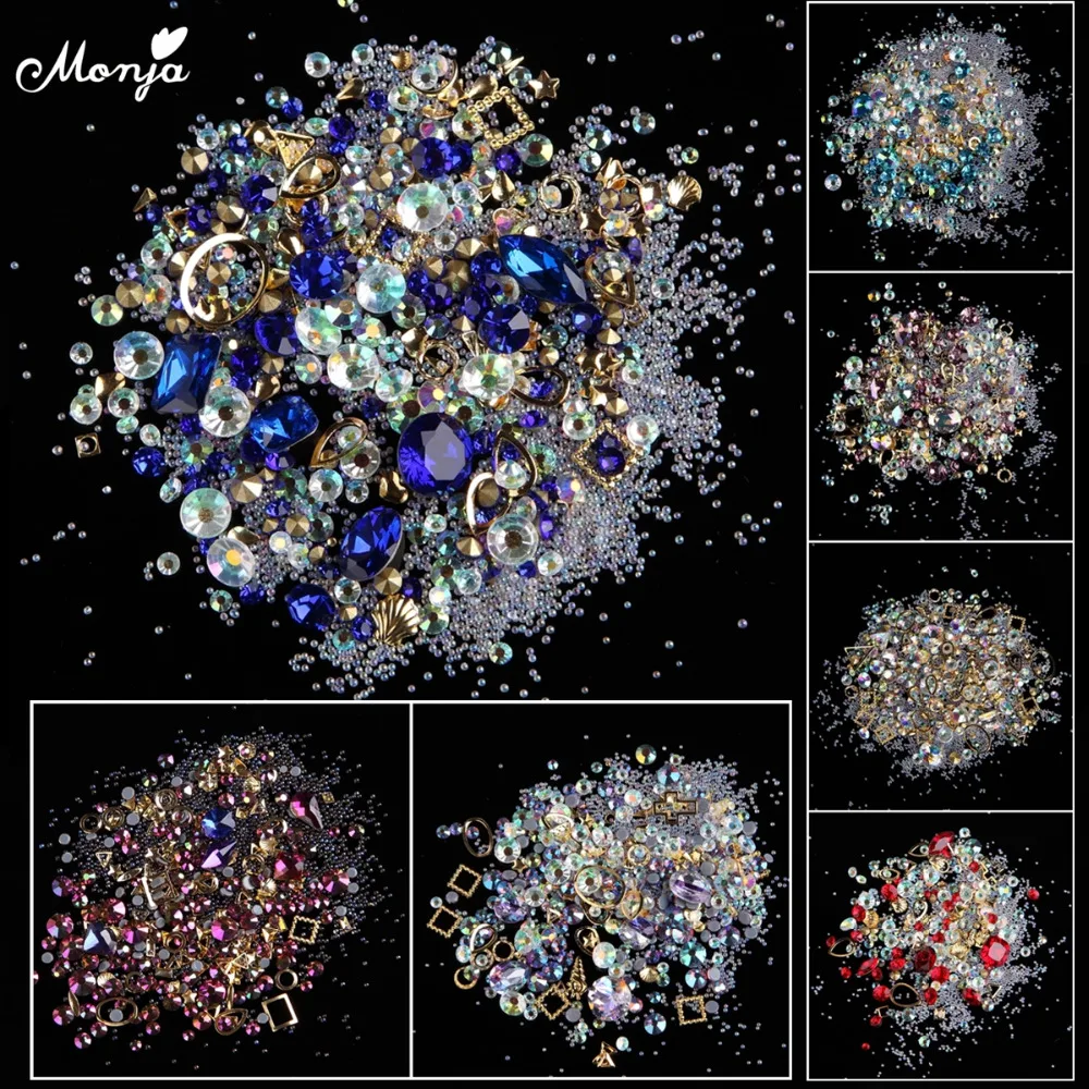 

Monja 12 Type Nail Art Flat Back AB Rhinestones Crystal Gems Charms Metal Studs Mixed Crystal DIY 3D Decorations Accessories