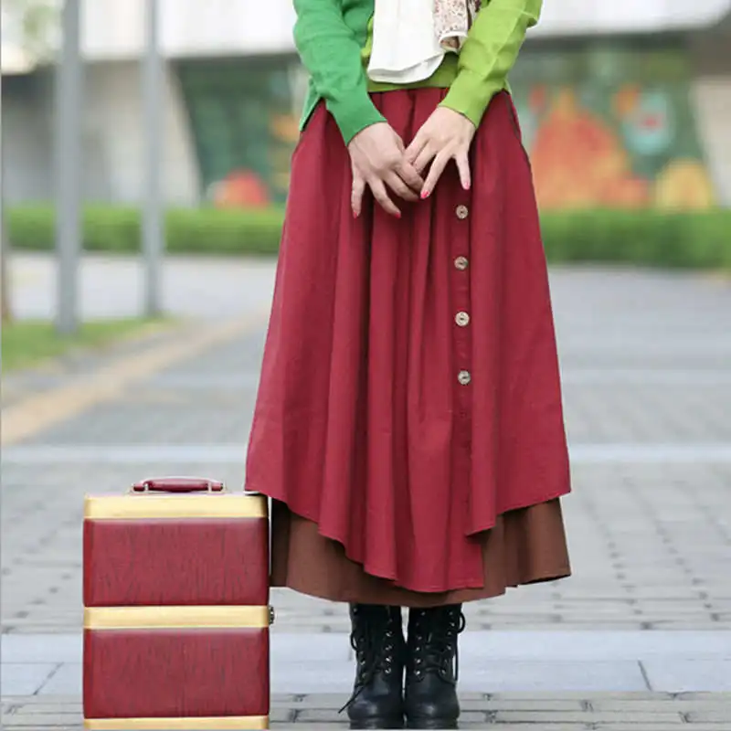 Autumn-Winter-Skirt-Women-High-Waist-Pleated-Skirts-Plus-Size-Casual-Long-Skirt-Cotton-Linen-Vintage_