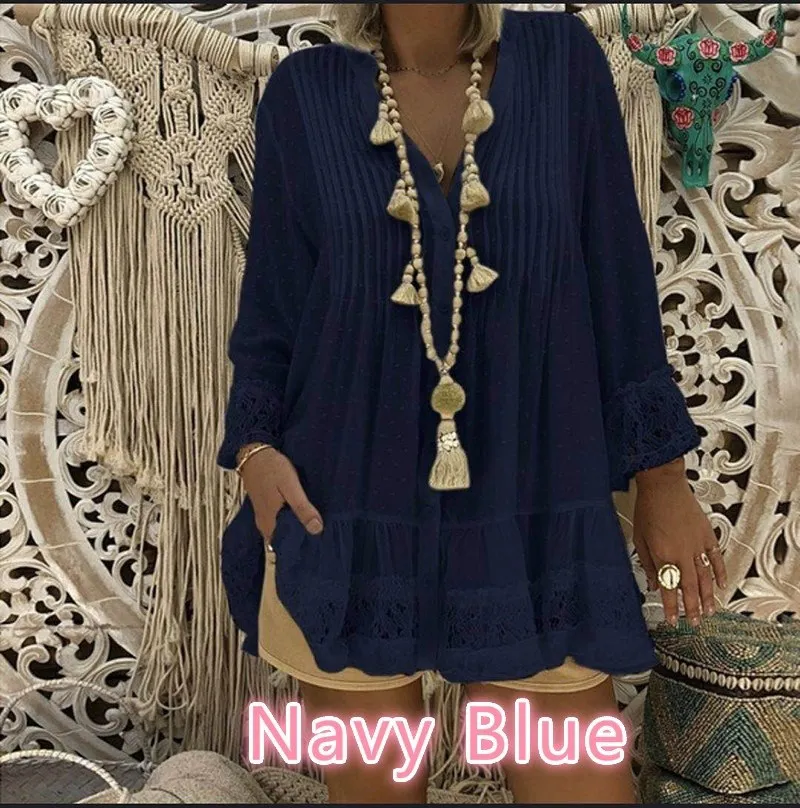 Большой размер, кружевная шифоновая рубашка с v-образным вырезом, женская Свободная рубашка с рукавом три четверти, женская модная блузка в горошек - Цвет: Синий