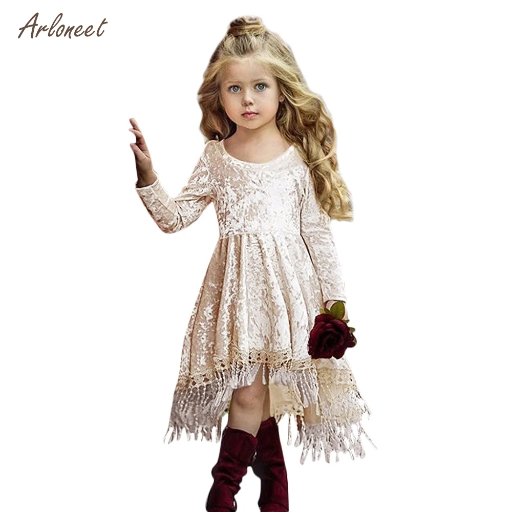 ARLONEET elegant dress for girls Solid color gold velvet fringed dress