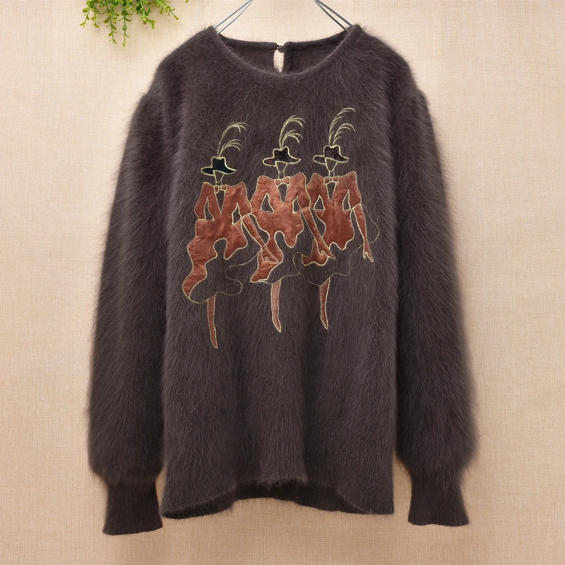 Элегантный винтажный женский зимний пушистый меховой Ангорский кролик вязаный шерстяной аппликационный свободный кашемировый пуловер с