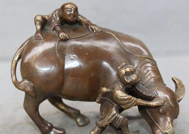 

007745 7" Chinese Folk Fengshui Bronze Tong Zi Cattle Ox Bovine Sculpture Statue