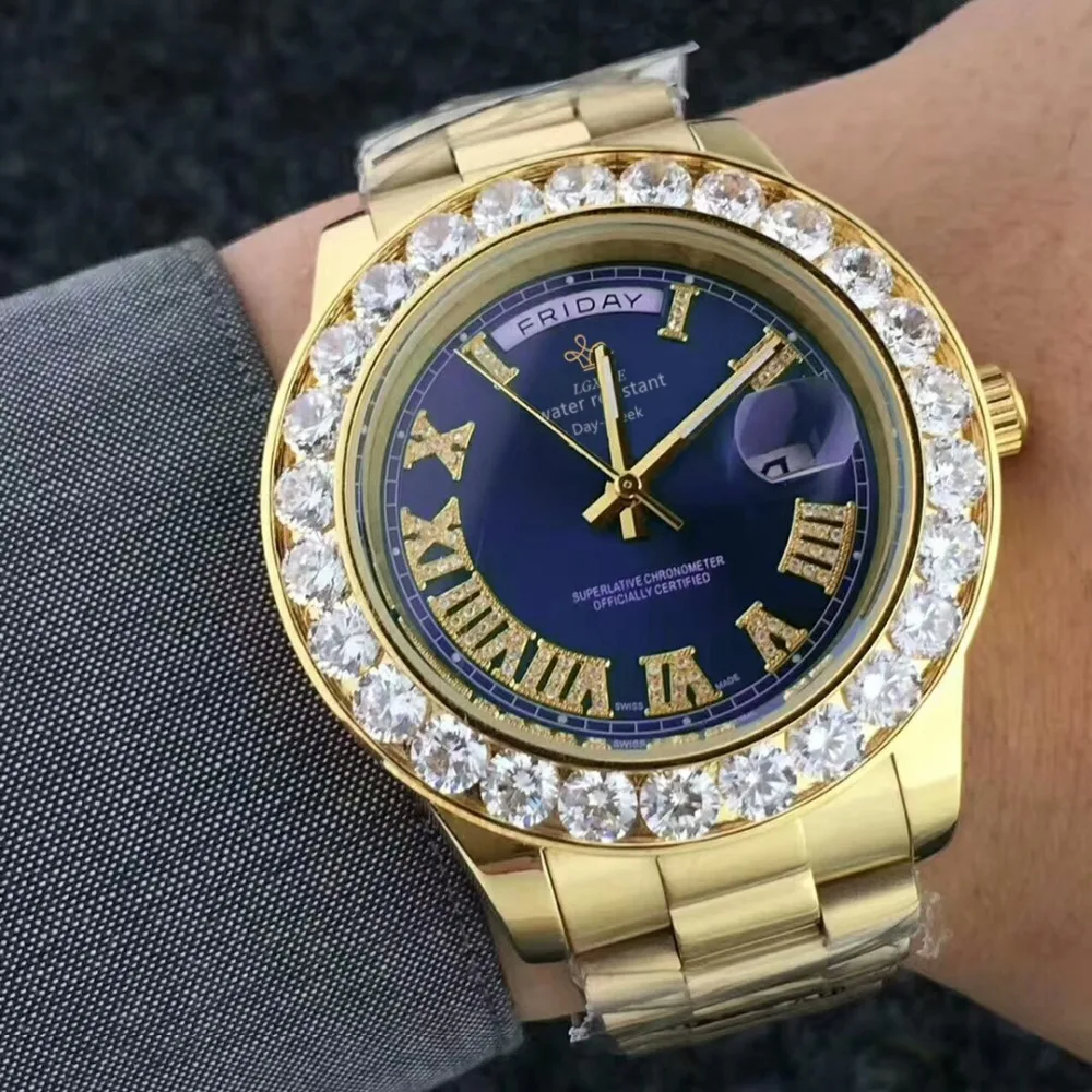 Золотые часы с большим бриллиантом, бренд Iced Out, день, дата, президент, 2813, наручные часы, Бизнес Reloj A, топ, Элитный Мужской дизайнерский часы