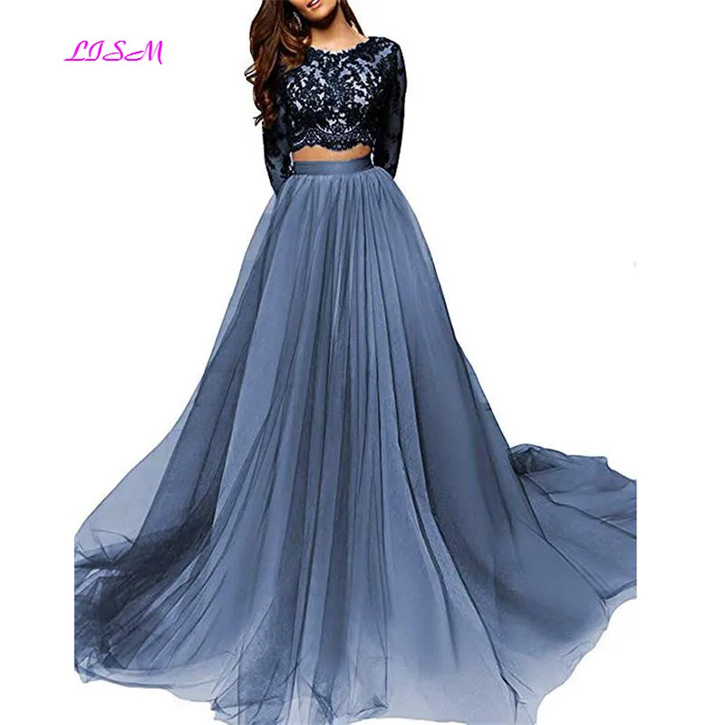 

Lace Long Sleeves Two Pieces Prom Dresses A-Line Long Prom Dress 2019 Crop Top Open Back Tulle Party Gowns vestido de gala