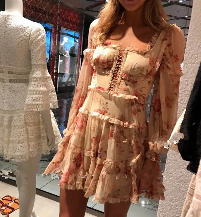 

Runway Designer Women Dress 2018 Vinatge Long Sleeve Ruffles Floral Printed Chiffon Dress For Spring Summer