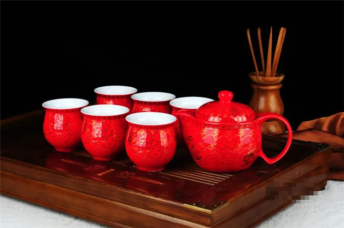 7 шт. набор керамический красный свадебный чайник и чашки без подставки фарфоровый китайский набор фарфорового чайника с фильтром