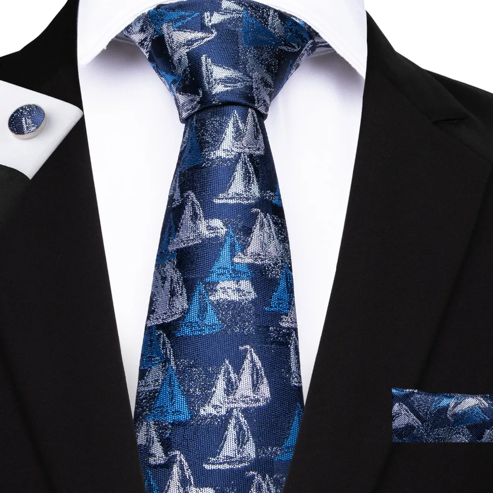 DiBanGu Фирменная Новинка голубой цвет галстук набор 8 см парусник узор галстук Gravata Карманный платок шелковый галстук носовой платок запонки