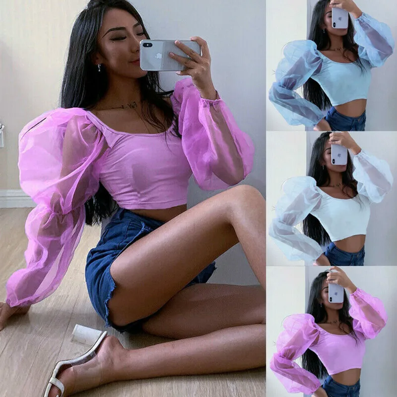 

2019 Spring Summer Long Sleeve T Shirt Sexy Mesh Puff Sleeve Patchwork Crop Tops Women Casual Short T-shirts
