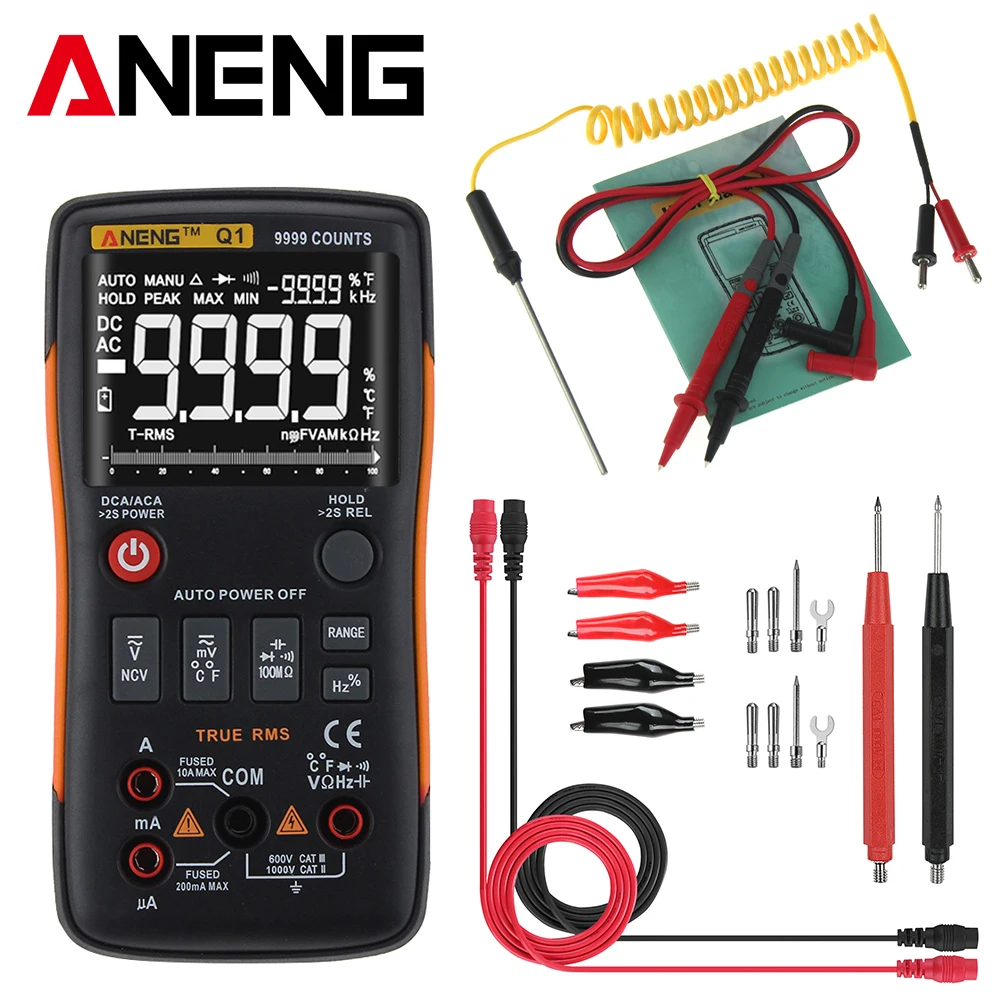 

ANENG Q1 True-RMS Digital Multimeter Auto Button 9999 Counts Analog Bar Graph AC/DC Voltage Ammeter Current Ohm Transistor Teste