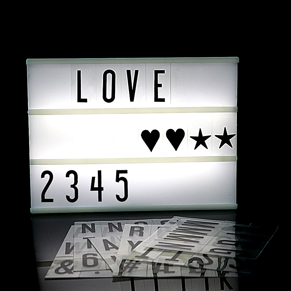 

A4 size 3 Line Cinematic Cinema LED Light box with Various Letters LED Night Lamp Power For DIY Home Valentine's Day Decoration