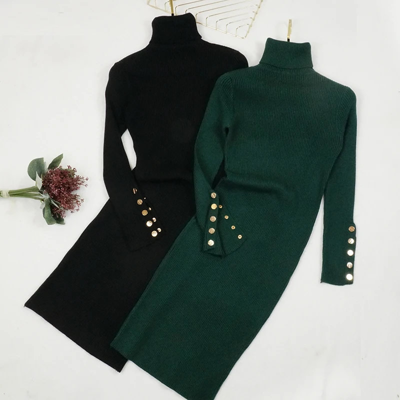 

2019 Autumn Winter Women Knitted Dress Buttons Turtleneck Sweater Dresses Lady Slim Bodycon Long Sleeve Bottoming Dress Vestidos