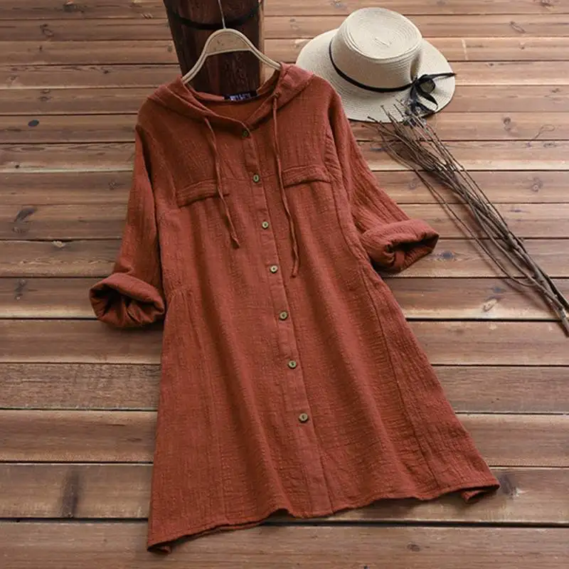  Plus Size Linen Shirt Women Summer Autumn Blouse 2019 ZANZEA Long Sleeve Chemise Female Button Asym