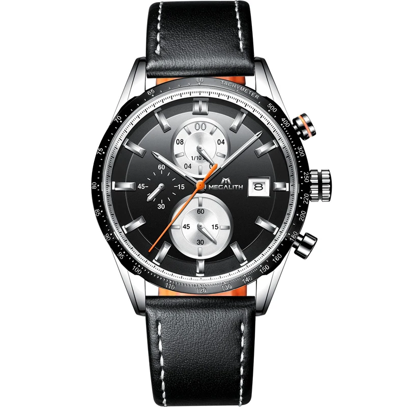 MEGALITH Модные мужские водонепроницаемые кварцевые часы спортивные Chronograp кожаные часы лучший бренд класса люкс для мужчин - Цвет: leather black 8034