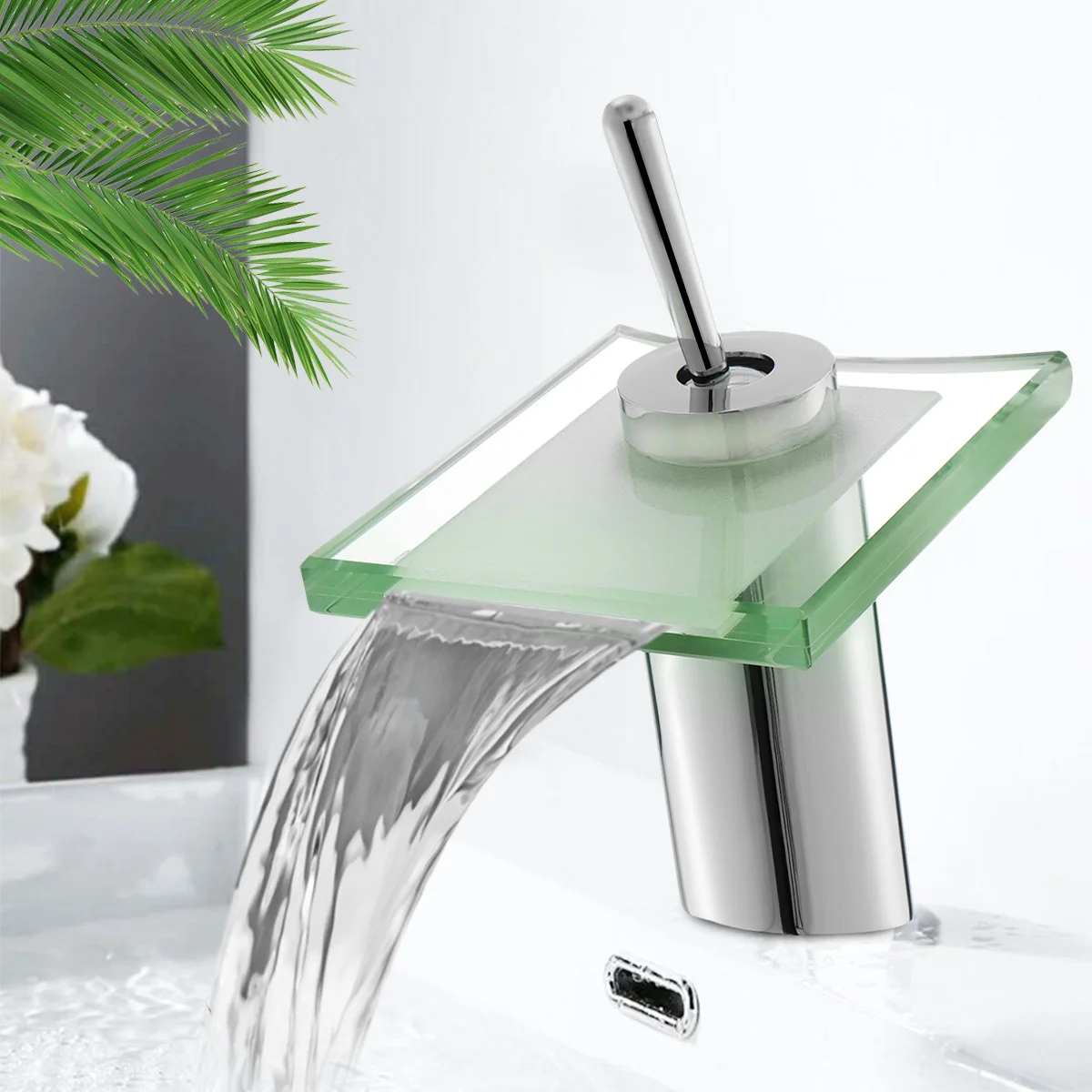 

Xueqin Waterfall Modern Square Glass Mixer Tap Spout Bathroom Basin Faucet Single Handle Hole Vanity Sink Faucet Deck Mounted