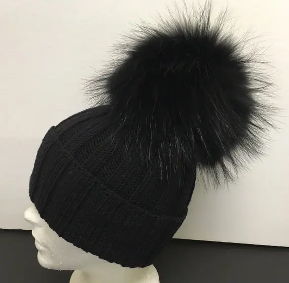 Large Pompoms Hats Fox Fur Puffs Hats Furry Beanies Black Fox Fuzzy ...