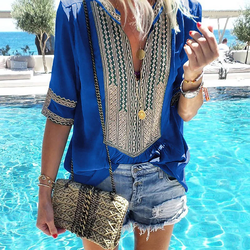 

Fashion Boho T Shirt Women Bohemian Loose Comfortable Tshirt Summer V-Neck Half Sleeve Geometric Print Top Tee Casual Haut Femme