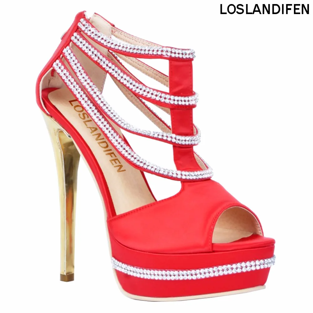 

New Style Big Size Womens Fashion 14.5cm Peep-toe Rhinstone Jewelry Deco High Heel Platform Sandals Shoes XD186