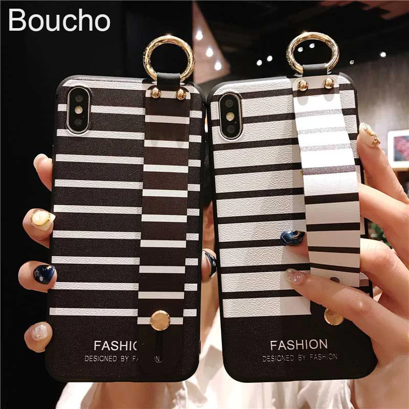 

Boucho For iphone XS Max XR X 8 7 6 6s plus 6plus 7plus Case Stripe Pattern Soft Silicone Cover Phone Holder Wrist Strap Case
