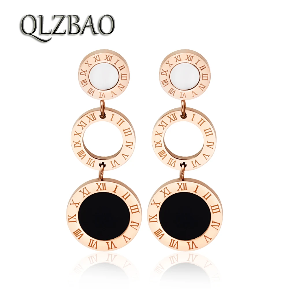 

QLZBAO Hot Sale Rose Gold Earring 361l Stainless Steel Jewelry Fashion Roman Numerals Pendant Earrings For Women Wedding Gift