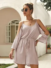 Woman causal sling Off Shoulder Summer Romper Chiffon hole playsuit long sleeve Party ladies V Neck top and shorts with blet Woman causal sling Off Shoulder Summer Romper Chiffon hole playsuit long sleeve Party ladies V Neck top and shorts with blet