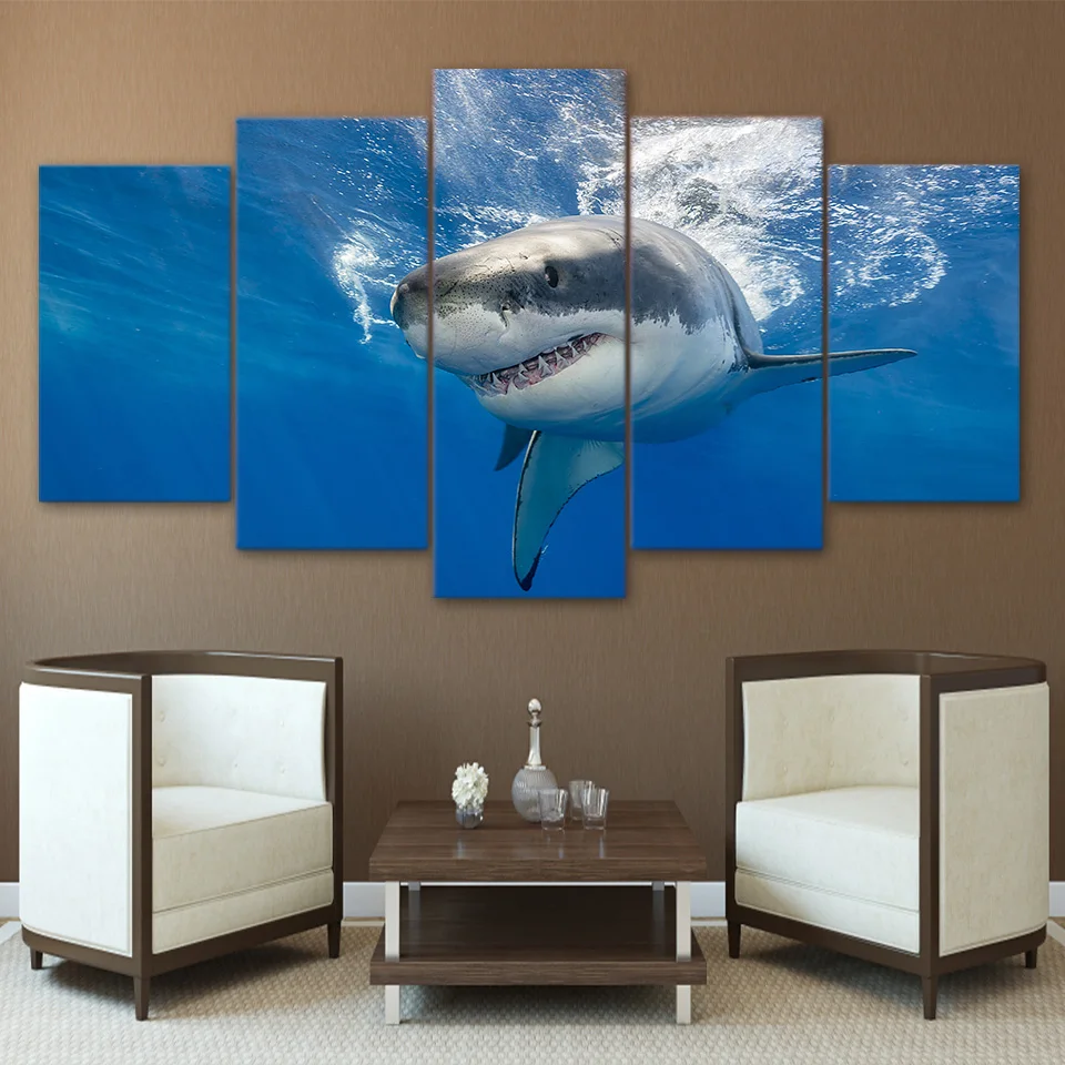 

Modern Wall Art Canvas Paintings Framework HD Printed Pictures 5 Pieces Great White Shark Poster Home Decoration For Living Room