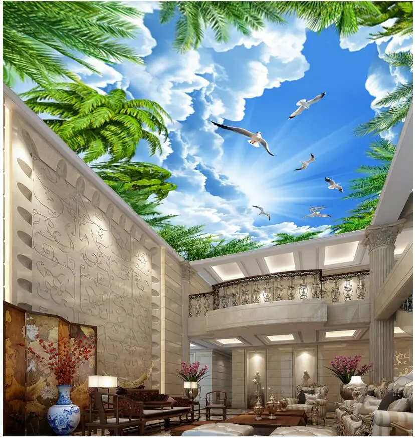 

3d room wallpaper custom photo Coconut trees blue sky and white clouds ceiling murals 3d wall murals wallpaper for walls 3 d