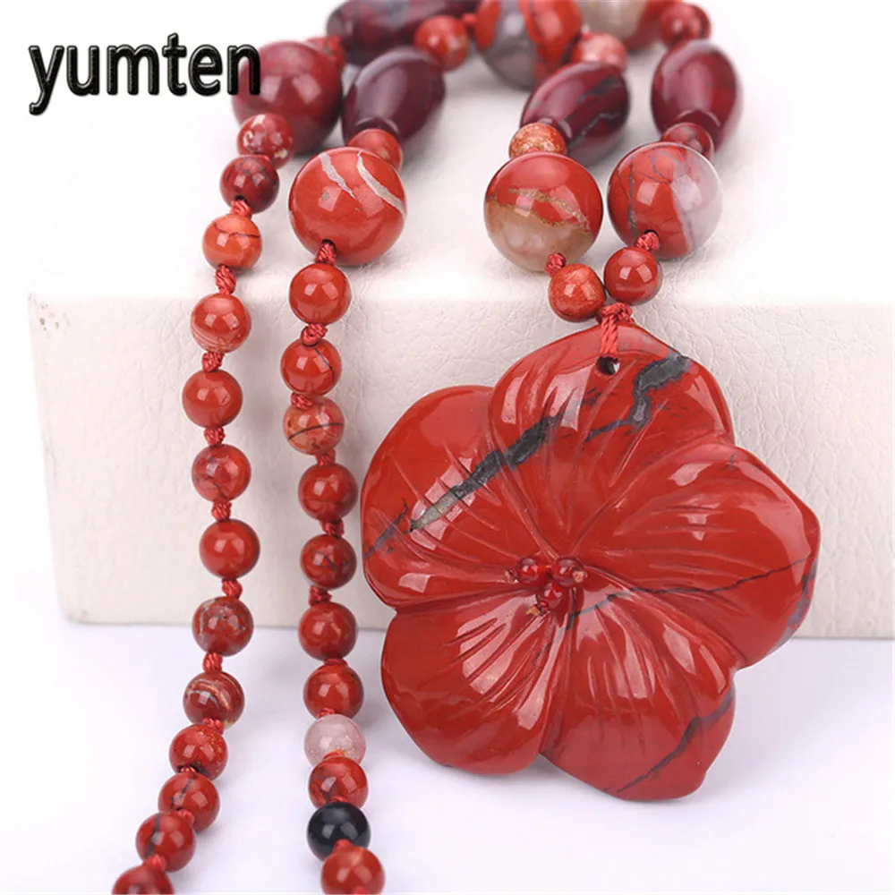 

Yumten Fine Necklace Red Jasper Flowers Pendant Hand Carved Popular Fashion Accessories Soy Luna Linkin Warcraft Sailor Rosary