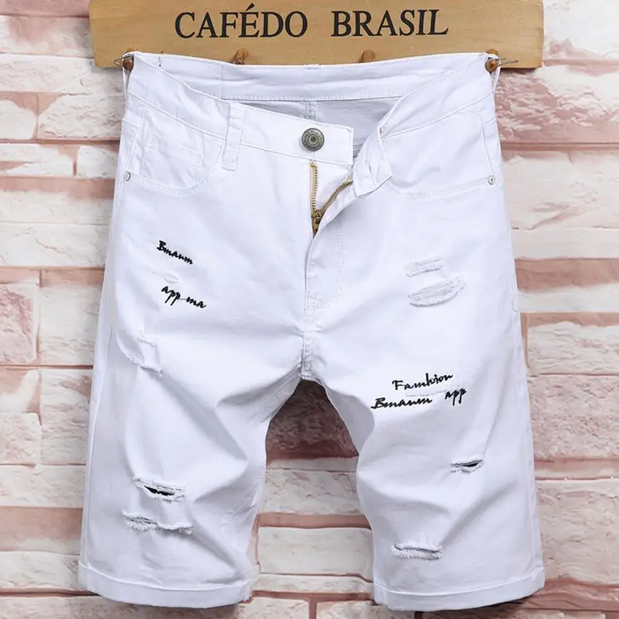 Men White Short Jeans Holes Denim Shorts High Quality Men Stretch Slim ...