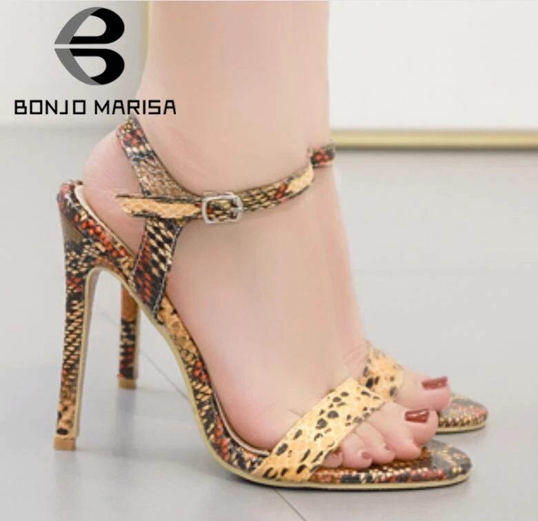 

BONJOMARISA New Colored Fretwork Sandals Women 2019 Summer Fashion Snake Veins Sexy Shallow Women High Heels Shoes Woman Party