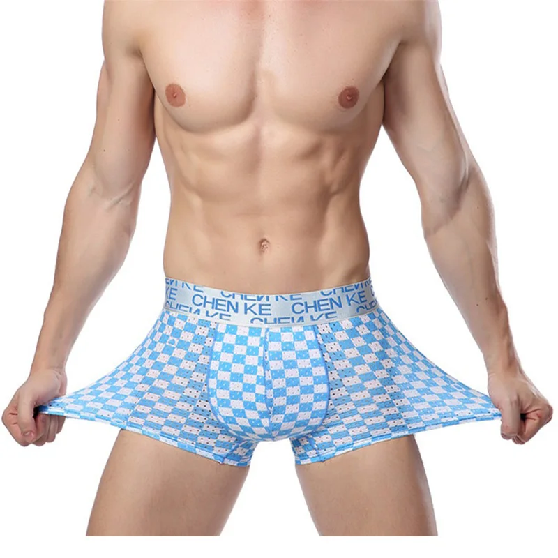 Chenke365 Brand Boxer Men Underwear Plaid Ice Silk Spandex Boxers Mens Penis Pouch Shorts Panties Male Short Underpants Cuecas | Мужская