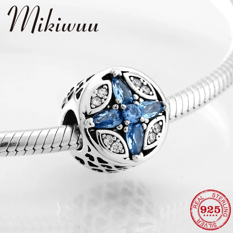 

925 Sterling Silver Ocean ice Hollows out the crystal Blue zircon Round beads Fit Original Pandora Charm Bracelet Jewelry