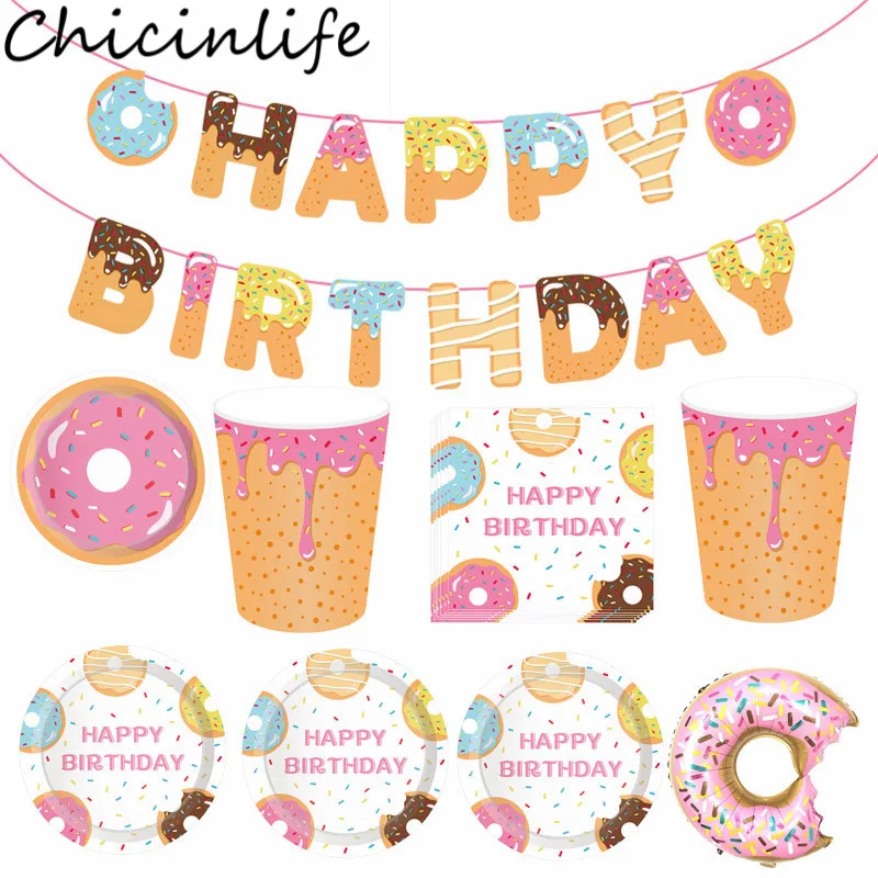 

Chicinlife Doughnut Happy Birthday Banner Disposable Tableware Sets Paper Plates Donut Party Decor Kids Birthday Party Supplies