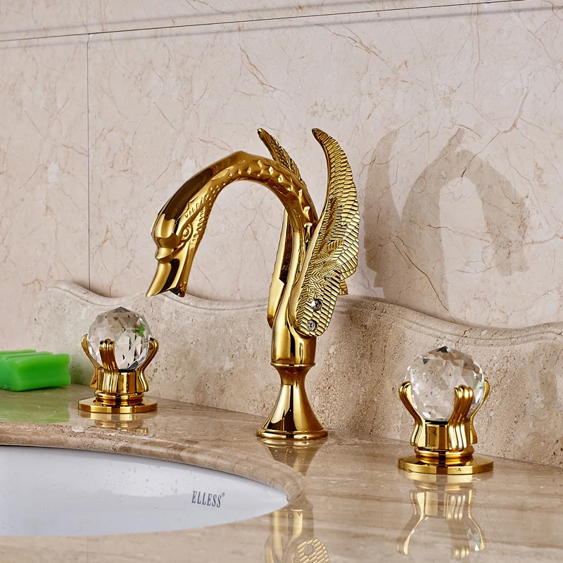 Смеситель для раковины Золотой набортный распространенный 3 шт кран для раковины ванной комнаты кран с двумя кристаллами ручки смеситель кран золотой готовой