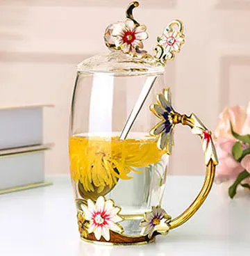 Креативная термостойкая Хрустальная стеклянная кружка, эмалированная стеклянная кружка, цветочный чайный набор, кофейная чашка, водяная посуда для напитков молока кофе в подарок - Цвет: Розовый
