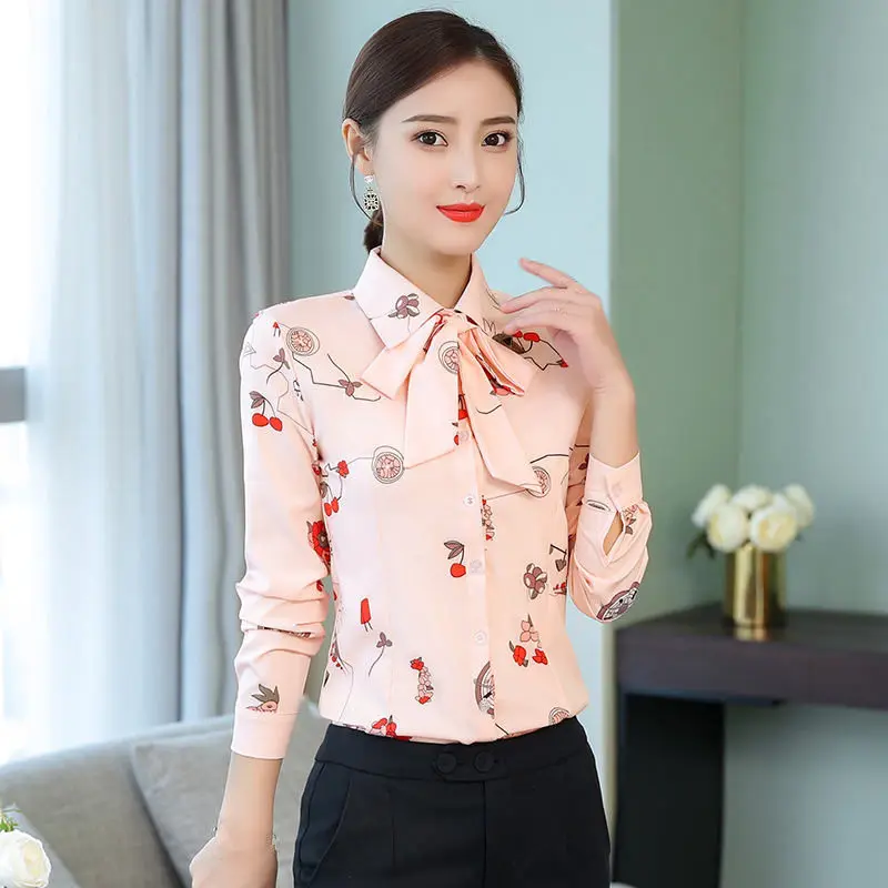 5XL блузка женская Повседневная с длинным рукавом для офиса женские Топы шифоновая блузка с принтом уличная одежда Облегающая рубашка размера плюс блузка Femme Q1254