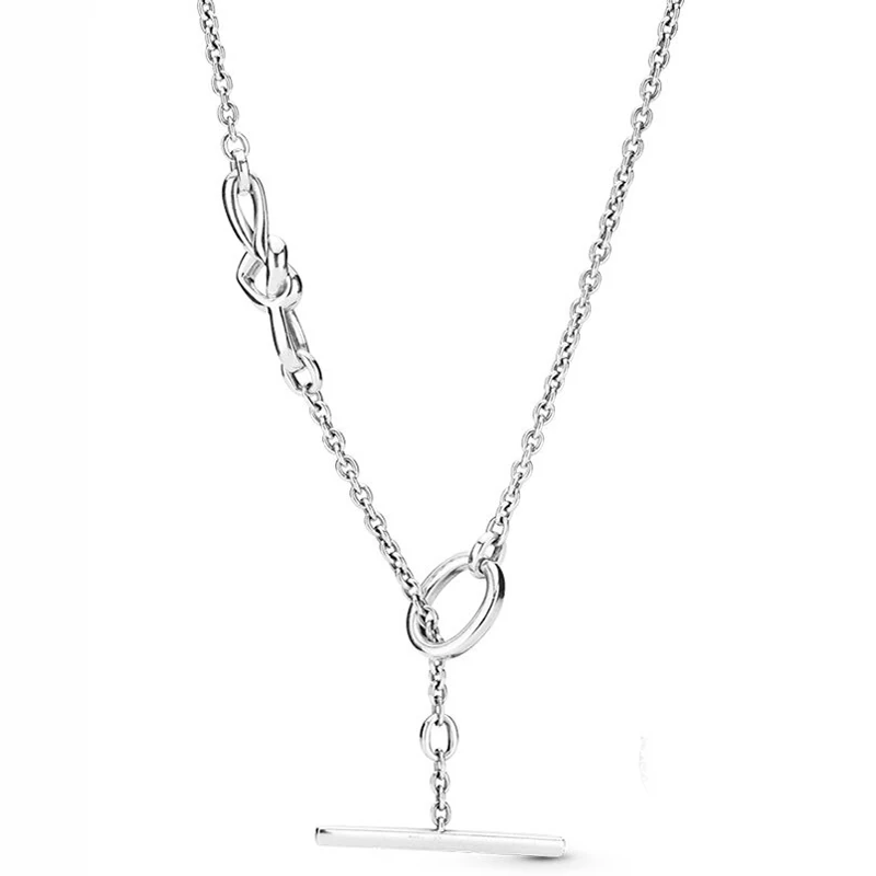 

New 925 Sterling Silver Necklace Knotted Heart Heart-embellished T-clasp Link Necklace For Women Wedding Gift Pandora Jewelry