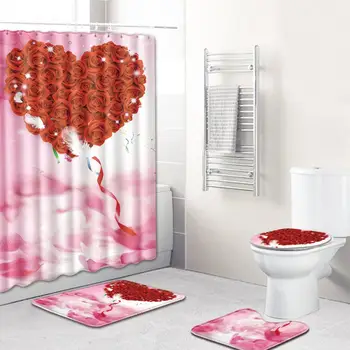 

180x180cm Romantic Love Pattern Shower Curtain Pedestal Rug Lid Toilet Cover Mat Bath Mat Set Bathroom Curtains