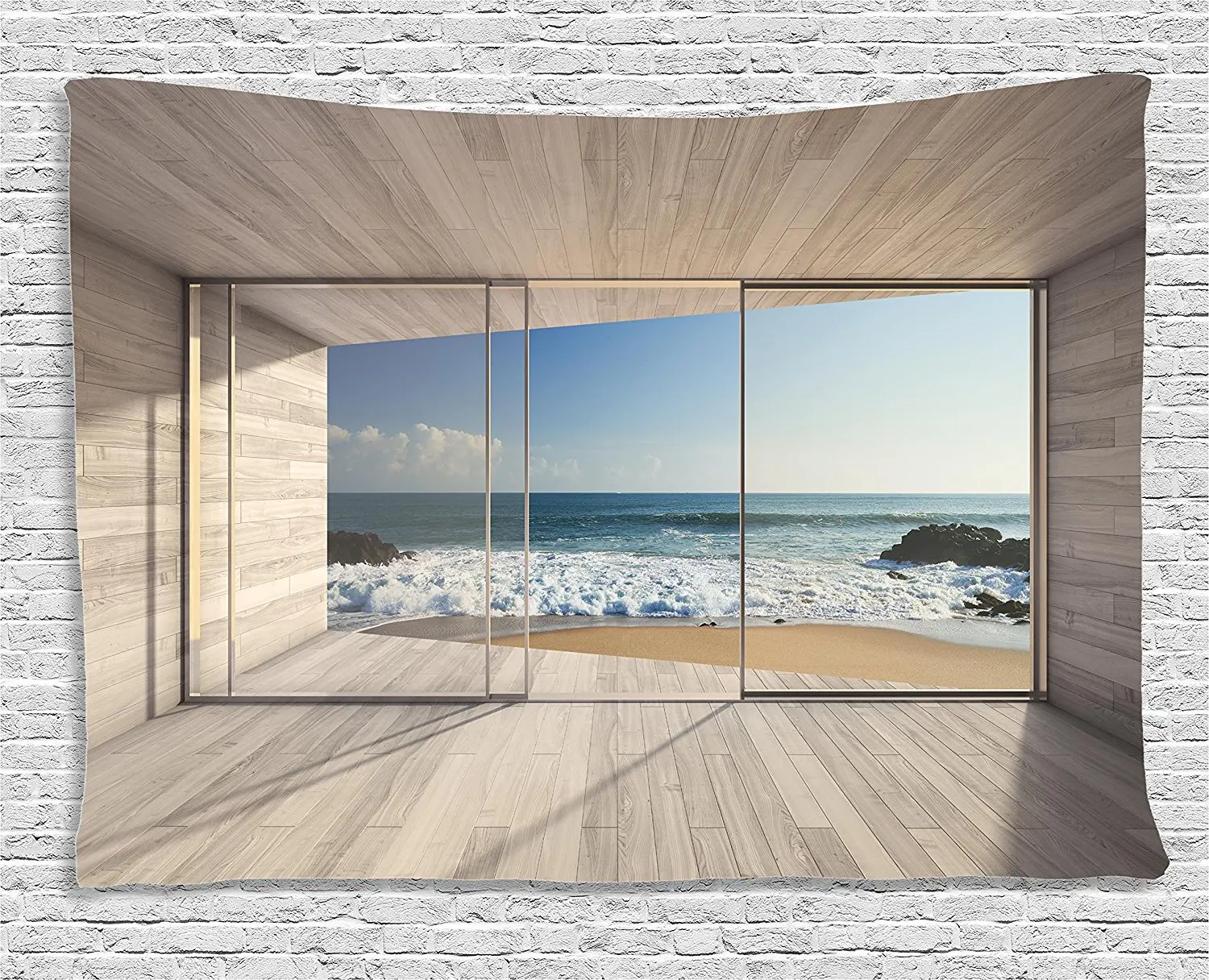 

House Decor Tapestry, Empty Modern Lounge Area with Large Window and view of Sea Waves Rocks,Wall Hanging Tapestry