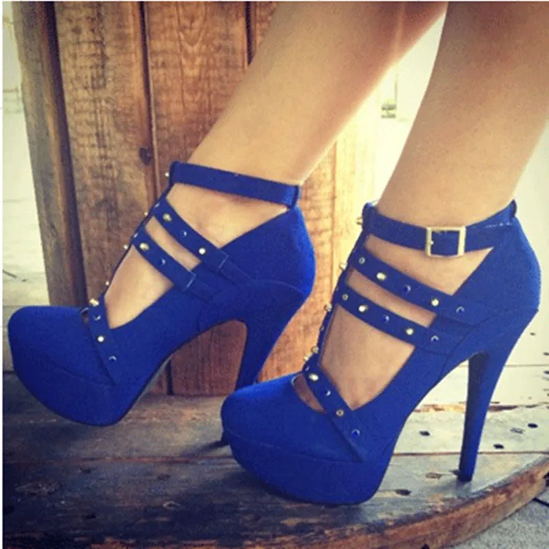

shofoo shoes.Fashion novelty free shipping, blue suede, T buckle, ladies high heels, round toe pumps.SIZE:34-45